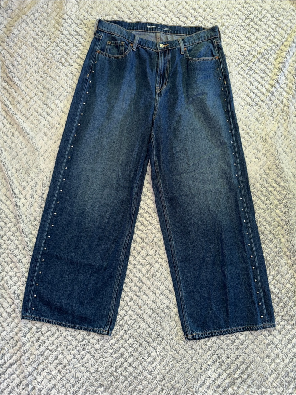 Dark Blue Stud-Trim Wide-Leg Jeans - Women's
